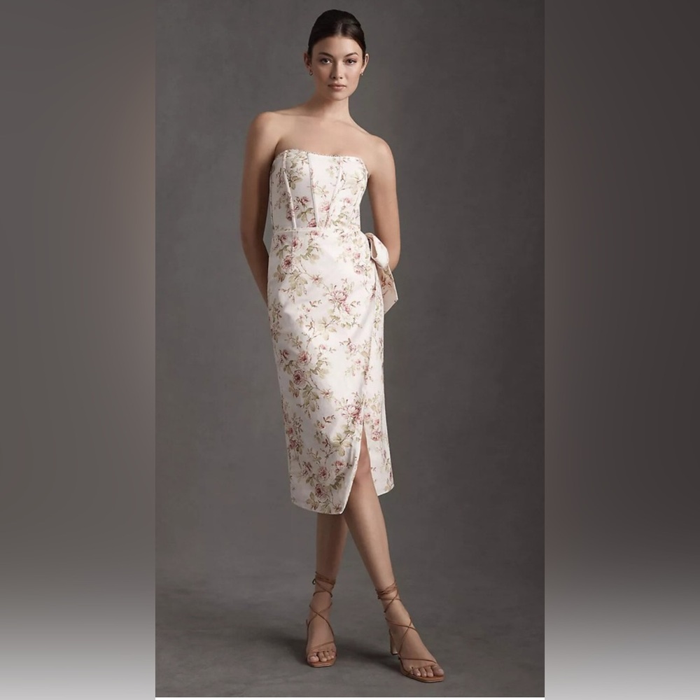 V. Chapman Strapless Floral Sheath Dress in Ivory and Pink